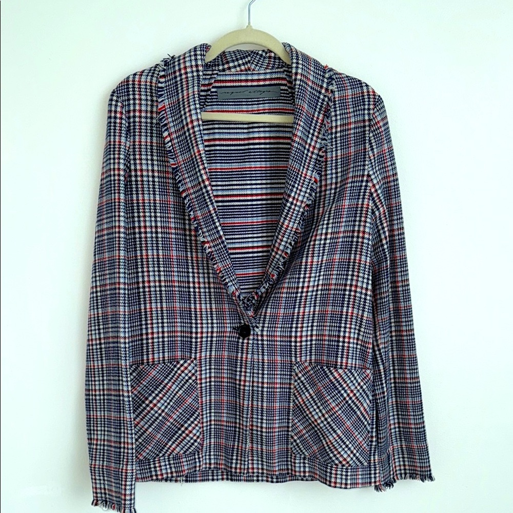 Raquel Allegra Frayed Hem Plaid Blazer - Size Small